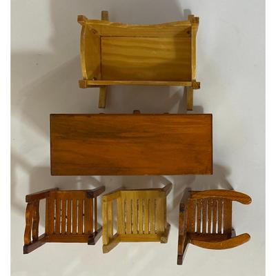 Wooden Doll House Furniture: 4 Drawer Dresser, Cradle, Three Chairs