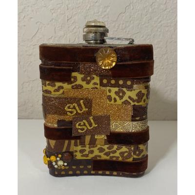 Vintage 8 oz. Stainless Steel Flask With Velour & Plastic Jewels Brown Amber
