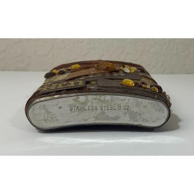 Vintage 8 oz. Stainless Steel Flask With Velour & Plastic Jewels Brown Amber