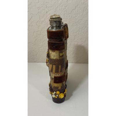 Vintage 8 oz. Stainless Steel Flask With Velour & Plastic Jewels Brown Amber