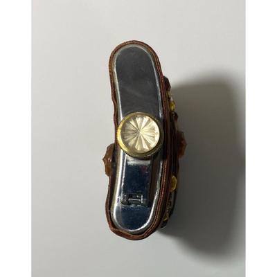 Vintage 8 oz. Stainless Steel Flask With Velour & Plastic Jewels Brown Amber