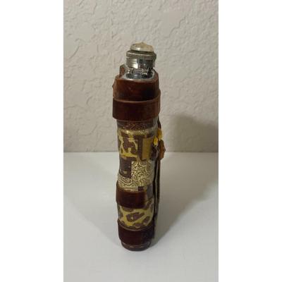 Vintage 8 oz. Stainless Steel Flask With Velour & Plastic Jewels Brown Amber
