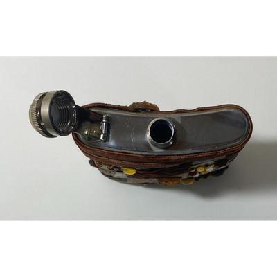 Vintage 8 oz. Stainless Steel Flask With Velour & Plastic Jewels Brown Amber