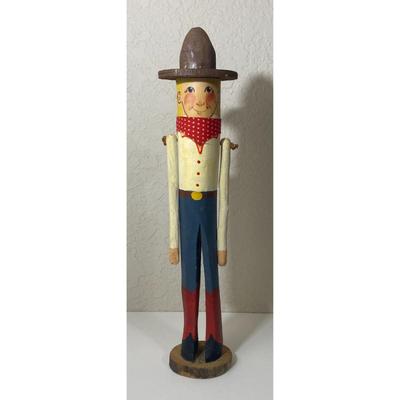Vintage Carved Wooden Cowboy Figure Folk Art Boots Hat Bandana Americana Western