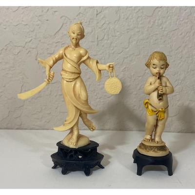 Vintage Plastic Cherub Flute Player & Samurai Figurines Made In Italy