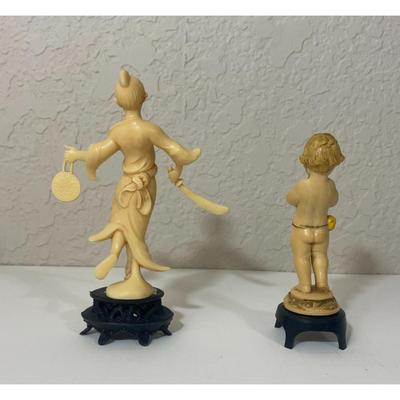 Vintage Plastic Cherub Flute Player & Samurai Figurines Made In Italy
