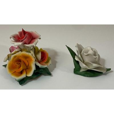 Vintage Capodimonte Flower Bouquet & Fabar White Rose Porcelain Made In Italy