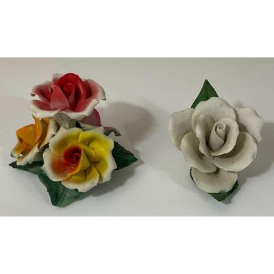 Vintage Capodimonte Flower Bouquet & Fabar White Rose Porcelain Made In Italy