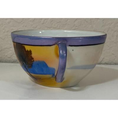 Vintage Chikaramachi Lusterware Teacup Saucer Set Windmill Tree Blue Trim Japan