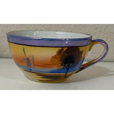Vintage Chikaramachi Lusterware Teacup Saucer Set Windmill Tree Blue Trim Japan