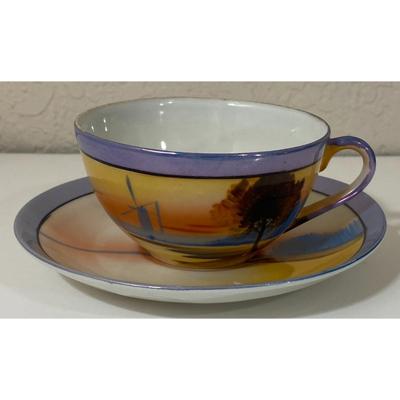 Vintage Chikaramachi Lusterware Teacup Saucer Set Windmill Tree Blue Trim Japan