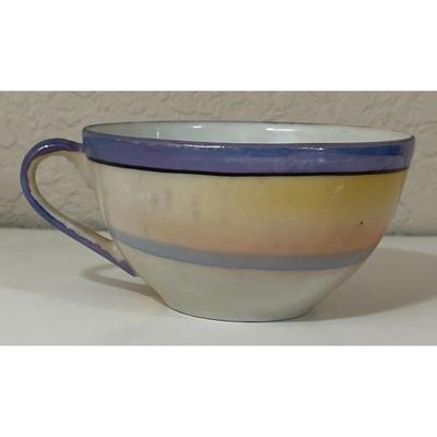 Vintage Chikaramachi Lusterware Teacup Saucer Set Windmill Tree Blue Trim Japan