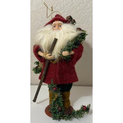 Vintage Santa Claus Ornament Walking Stick Pine Cone Evergreen Bough