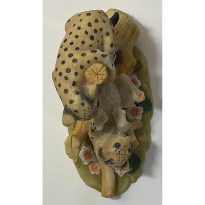 Ceramic Cheetah Cubs Decorative Sculpture Tree Stump Flowers Floral