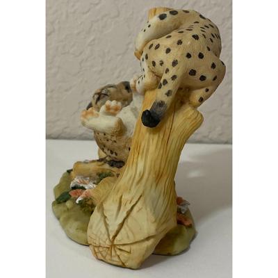 Ceramic Cheetah Cubs Decorative Sculpture Tree Stump Flowers Floral