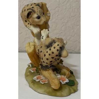 Ceramic Cheetah Cubs Decorative Sculpture Tree Stump Flowers Floral