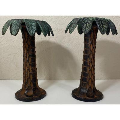 Vintage Metal Green & Brown Palm Tree Candleholders
