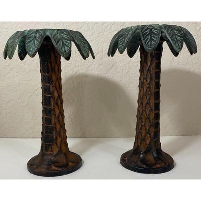Vintage Metal Green & Brown Palm Tree Candleholders
