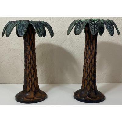 Vintage Metal Green & Brown Palm Tree Candleholders
