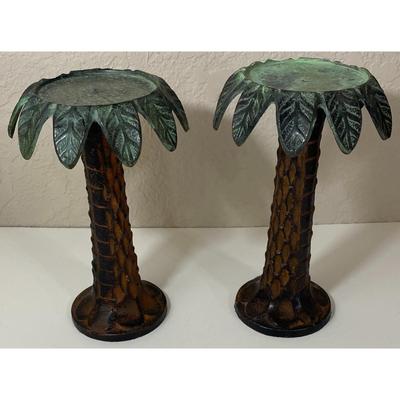Vintage Metal Green & Brown Palm Tree Candleholders