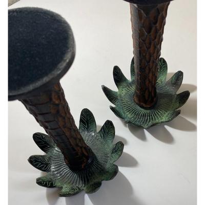 Vintage Metal Green & Brown Palm Tree Candleholders