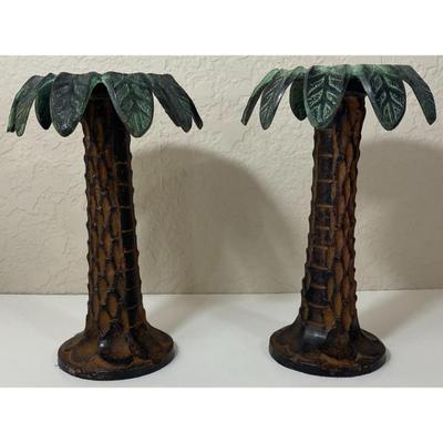 Vintage Metal Green & Brown Palm Tree Candleholders