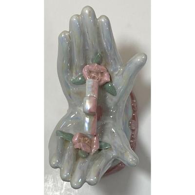 Pearl & Pink Ceramic Hands Holding Cross and Roses Flowers Christian Religious