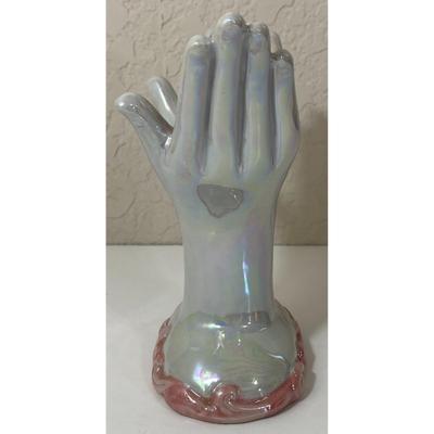 Pearl & Pink Ceramic Hands Holding Cross and Roses Flowers Christian Religious