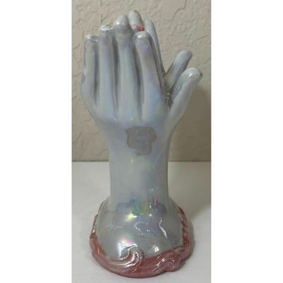 Pearl & Pink Ceramic Hands Holding Cross and Roses Flowers Christian Religious