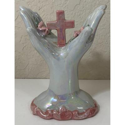 Pearl & Pink Ceramic Hands Holding Cross and Roses Flowers Christian Religious