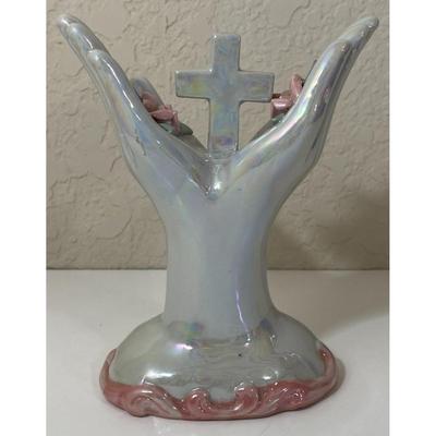 Pearl & Pink Ceramic Hands Holding Cross and Roses Flowers Christian Religious