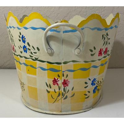 Vintage Metal Floral Flowers White Checkered Oval Basket 2 Handles Spring Summer