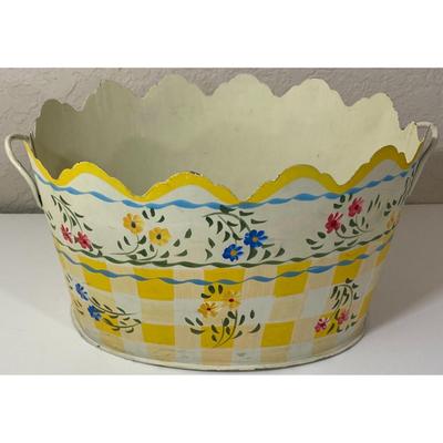 Vintage Metal Floral Flowers White Checkered Oval Basket 2 Handles Spring Summer