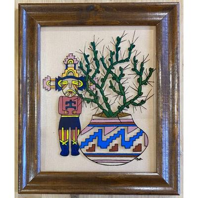 Native American Framed Painted Colorful Glass By RM Southwestern Cactus Vase