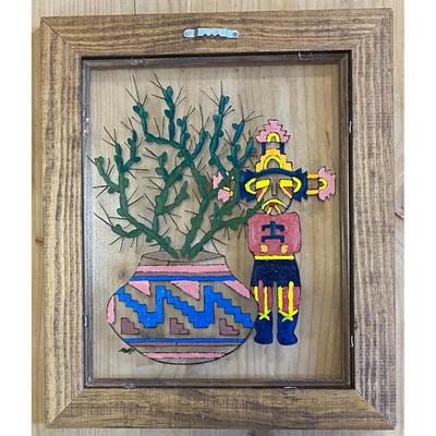 Native American Framed Painted Colorful Glass By RM Southwestern Cactus Vase