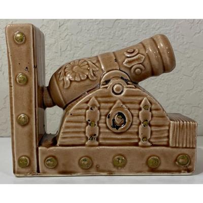 Vintage Brown & Black Ceramic Norleans Cannon Bookend Books Book Militaria