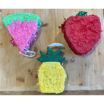 3 Fruit Pinatas Watermelon Strawberry Pineapple Unused Yellow Red Green Pink