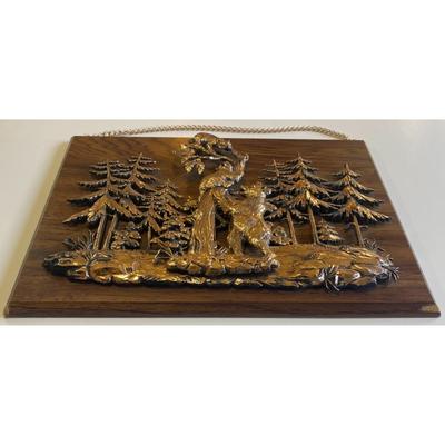 Vintage A & F Faux Copper Finish / Plastic Bear Wood Wall Plaque Made In Canada