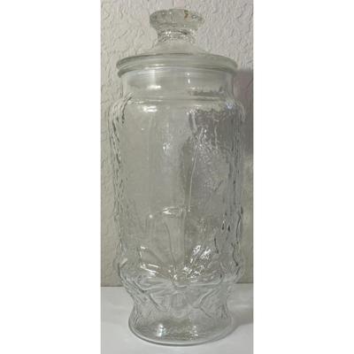 Vintage Anchor Hocking Rainflower Clear Glass Jar With Lid Canister Embossed