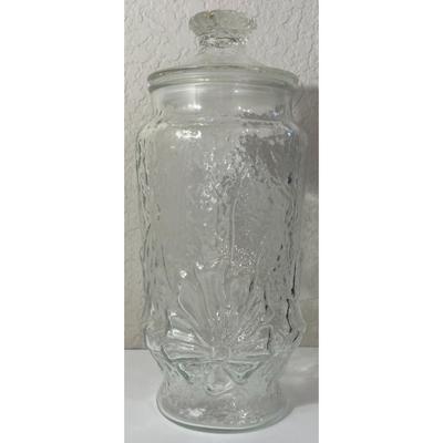 Vintage Anchor Hocking Rainflower Clear Glass Jar With Lid Canister Embossed