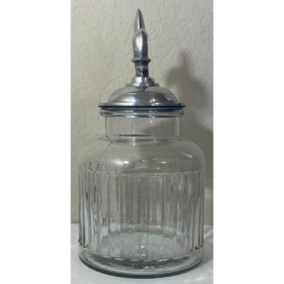 Vintage Fleur de Lis Clear Glass Canister With Pewter Lid Made In India