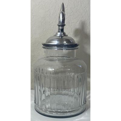 Vintage Fleur de Lis Clear Glass Canister With Pewter Lid Made In India