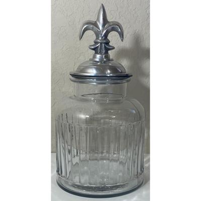 Vintage Fleur de Lis Clear Glass Canister With Pewter Lid Made In India