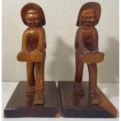 Vintage Hand Carved Wood Wooden Man Woman Figural Bookends Farmer? Folk Art