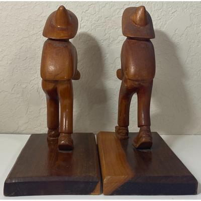 Vintage Hand Carved Wood Wooden Man Woman Figural Bookends Farmer? Folk Art