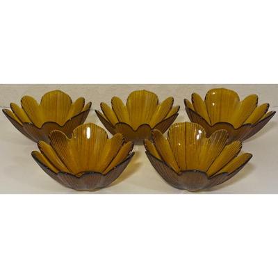 5 Vintage Amber Glass Petal Bowls Flower Floral
