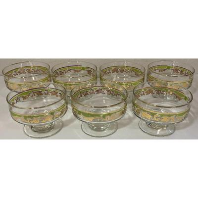 Vintage MCM Glass Green Gold Swirl Footed Pedestal Sherbet Dessert Bowl Set of 7