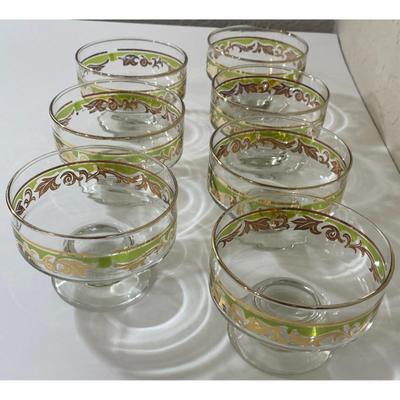 Vintage MCM Glass Green Gold Swirl Footed Pedestal Sherbet Dessert Bowl Set of 7