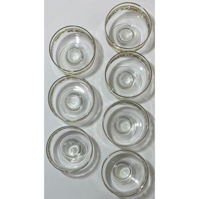 Vintage MCM Glass Green Gold Swirl Footed Pedestal Sherbet Dessert Bowl Set of 7