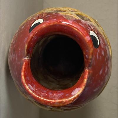 Koi Fish Laced Ribbed Ceramic Vase Red Tan